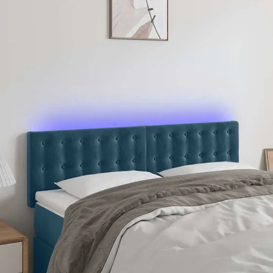 vidaXL Sengegavl med LED-lys 144x5x78/88 cm mørkeblå fløjl
