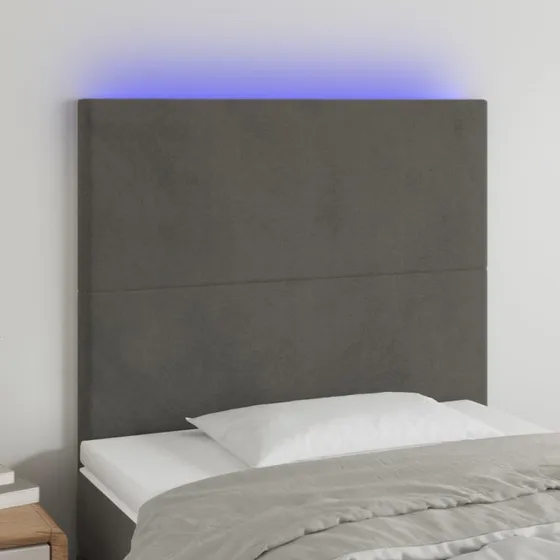 vidaXL Sengegavl med LED-lys 90x5x118/128 cm mørkegrå fløjl