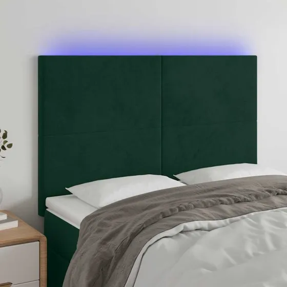 vidaXL Sengegavl med LED-lys 144x5x118/128 cm mørkegrøn fløjl