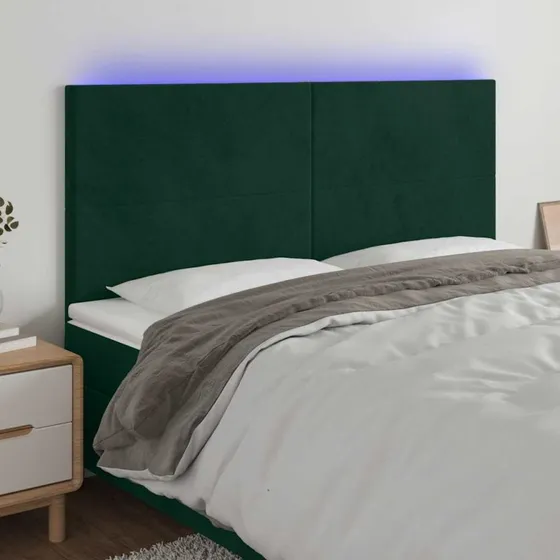 vidaXL Sengegavl med LED-lys 160x5x118/128 cm mørkegrøn fløjl