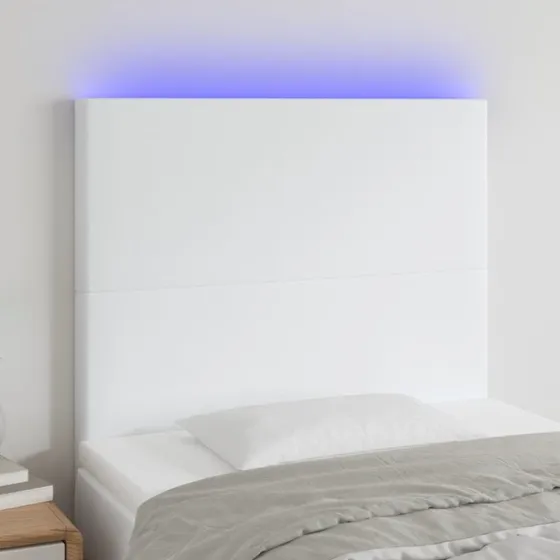 vidaXL Sengegavl med LED-lys 100x5x118/128 cm hvid kunstlæder