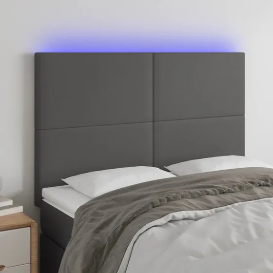 vidaXL Sengegavl med LED-lys 144x5x118/128 cm grå kunstlæder