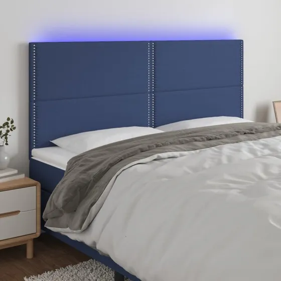 vidaXL Sengegavl med LED-lys 200x5x118/128 cm blå stof