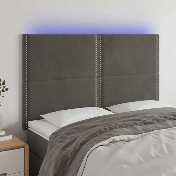 vidaXL Sengegavl med LED-lys 144x5x118/128 cm mørkegrå
