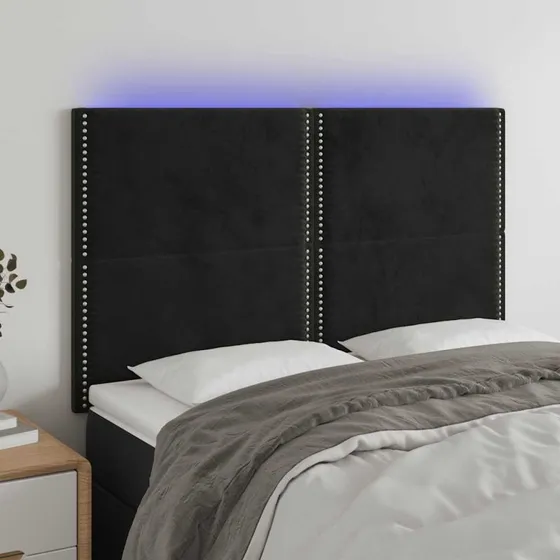 vidaXL Sengegavl med LED-lys 144x5x118/128 cm, fløjl, sort