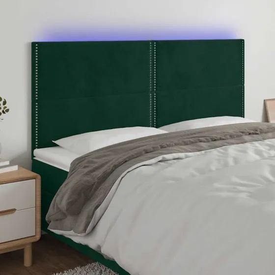 vidaXL Sengegavl med LED-lys 180x5x118/128 cm mørkegrøn fløjl