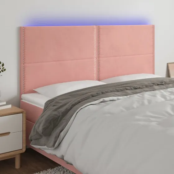 vidaXL Sengegavl med LED-lys 200x5x118/128 cm lyserød fløjl