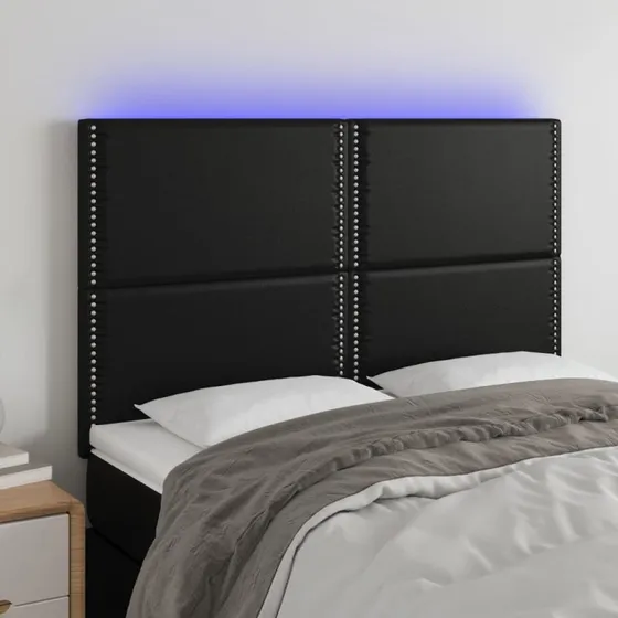 vidaXL Sengegavl med LED-lys 144x5x118/128 cm sort kunstlæder