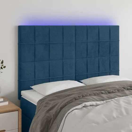 vidaXL Sengegavl med LED-lys 144x5x118/128 cm mørkeblå