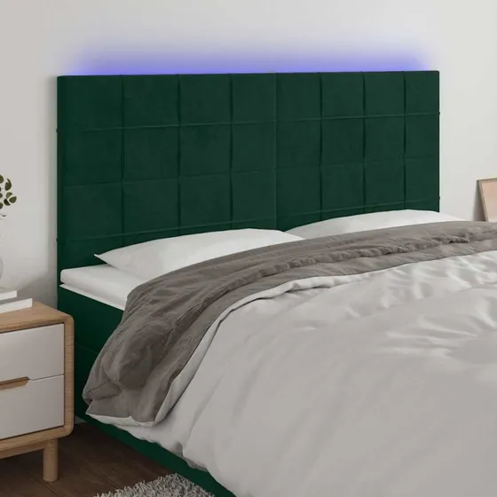 vidaXL Sengegavl med LED-lys 160x5x118/128 cm mørkegrøn fløjl