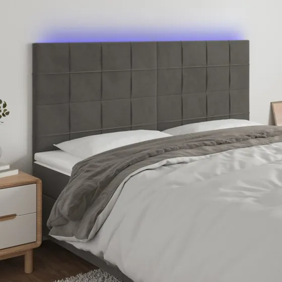 vidaXL Sengegavl med LED-lys 180x5x118/128 cm mørkegrå fløjl