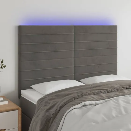 vidaXL Sengegavl med LED-lys 144x5x118/128 cm mørkegrå