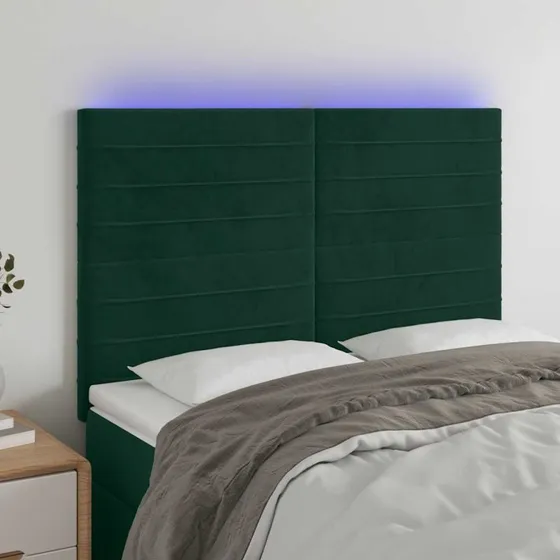 vidaXL Sengegavl med LED-lys 144x5x118/128 cm mørkegrøn fløjl
