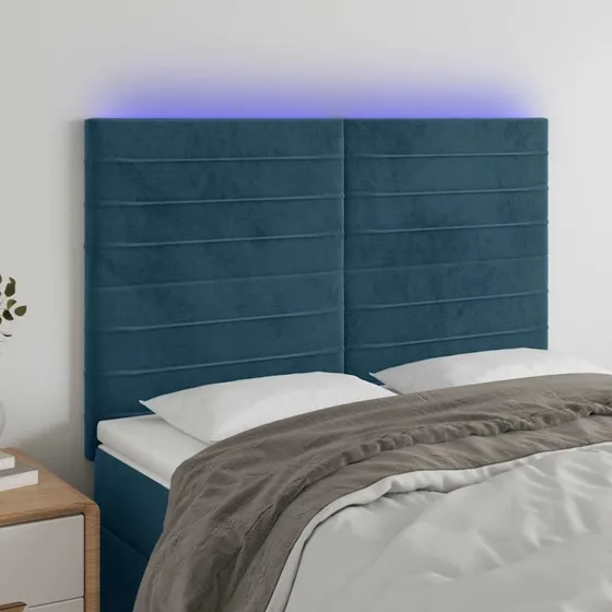vidaXL Sengegavl med LED-lys 144x5x118/128 cm mørkeblå fløjl