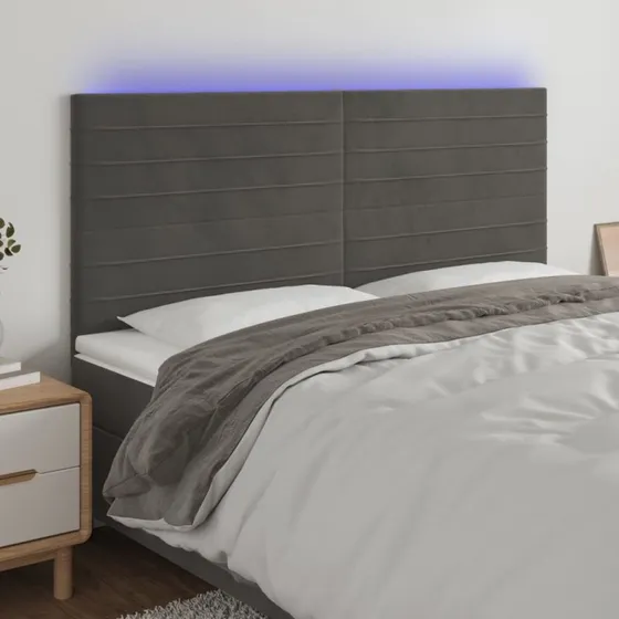 vidaXL Sengegavl med LED-lys 200x5x118/128 cm mørkegrå fløjl