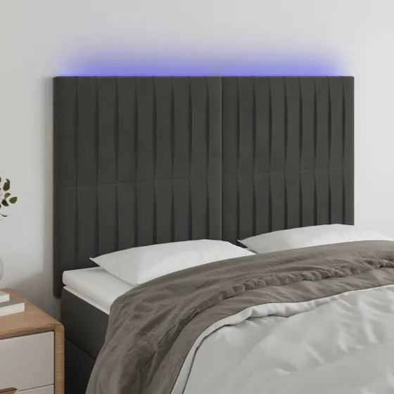 vidaXL Sengegavl med LED-lys 144x5x118/128 cm mørkegrå fløjl