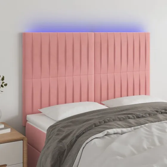 vidaXL Sengegavl med LED-lys 144x5x118/128 cm lyserød fløjl