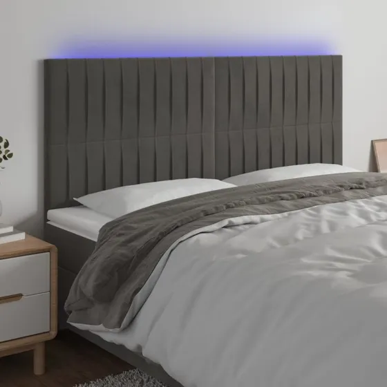 vidaXL Sengegavl med LED-lys 180x5x118/128 cm mørkegrå fløjl
