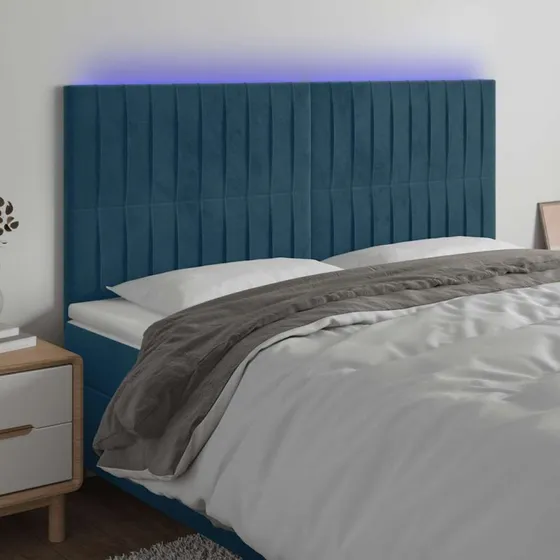 vidaXL Sengegavl med LED-lys 180x5x118/128 cm mørkeblå fløjl