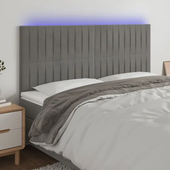 vidaXL Sengegavl med LED-lys 200x5x118/128 cm lysegrå fløjl