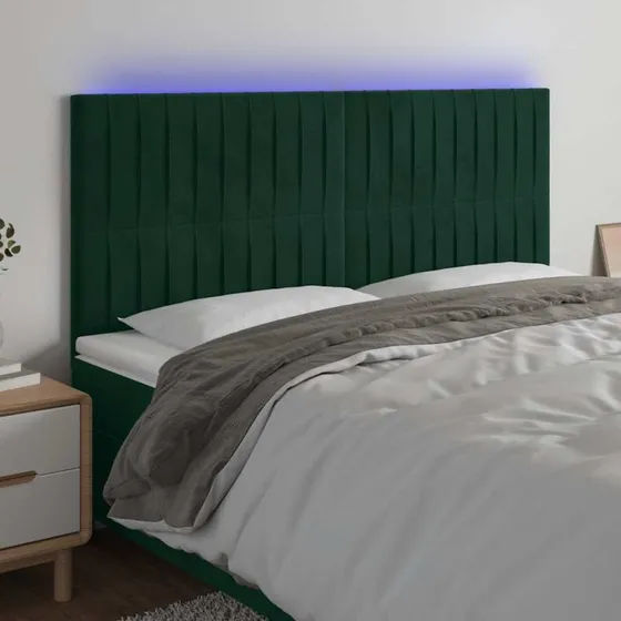 vidaXL Sengegavl med LED-lys 200x5x118/128 cm mørkegrøn fløjl