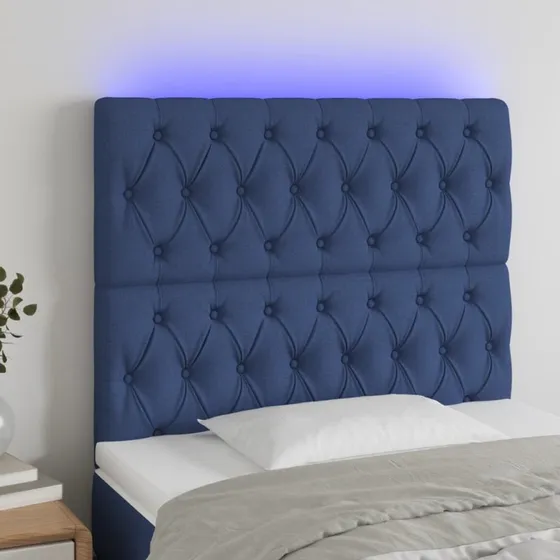 vidaXL Sengegavl med LED-lys 90x7x118/128 cm, blå stof