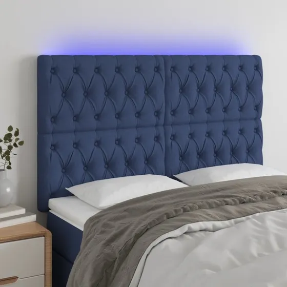 vidaXL Sengegavl med LED-lys 144x7x118/128 cm blå stof