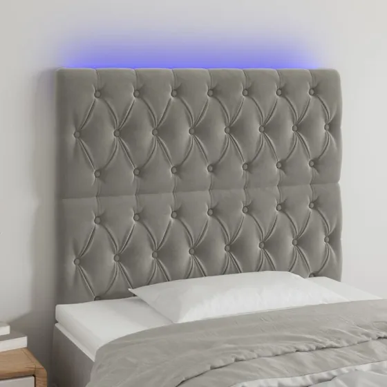 vidaXL Sengegavl med LED-lys 100x7x118/128 cm lysegrå fløjl