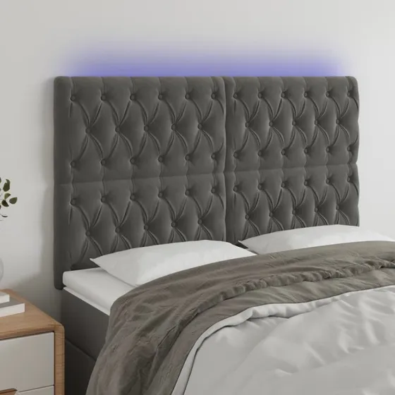 vidaXL Sengegavl med LED-lys 144x7x118/128 cm mørkegrå fløjl