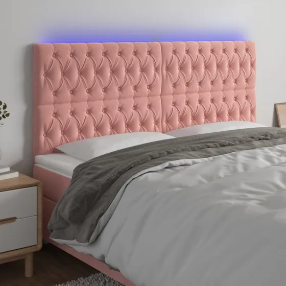 vidaXL Sengegavl med LED-lys 180x7x118/128 cm lyserød fløjl