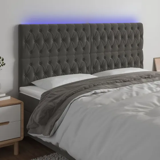 vidaXL Sengegavl med LED-lys 200x7x118/128 cm mørkegrå fløjl