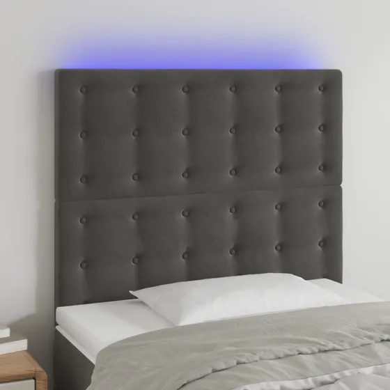 vidaXL Sengegavl med LED-lys 90x5x118/128 cm mørkegrå fløjl