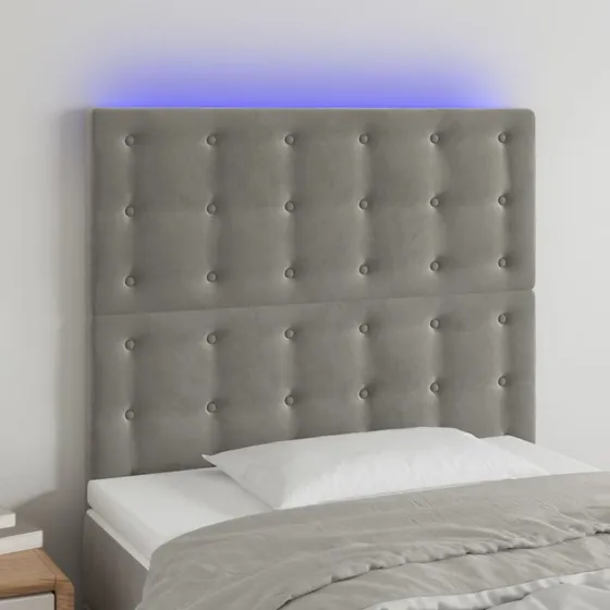 vidaXL Sengegavl med LED-lys 100x5x118/128 cm lysegrå fløjl