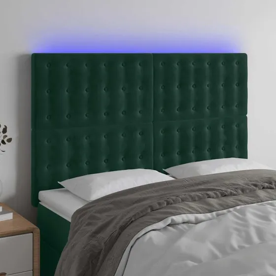 vidaXL Sengegavl med LED-lys 144x5x118/128 cm mørkegrøn fløjl