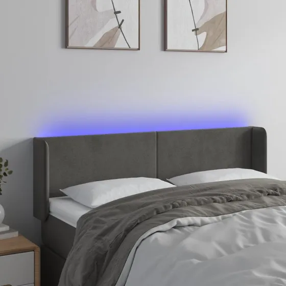 vidaXL Sengegavl med LED-lys 147x16x78/88 cm fløjl mørkegrå