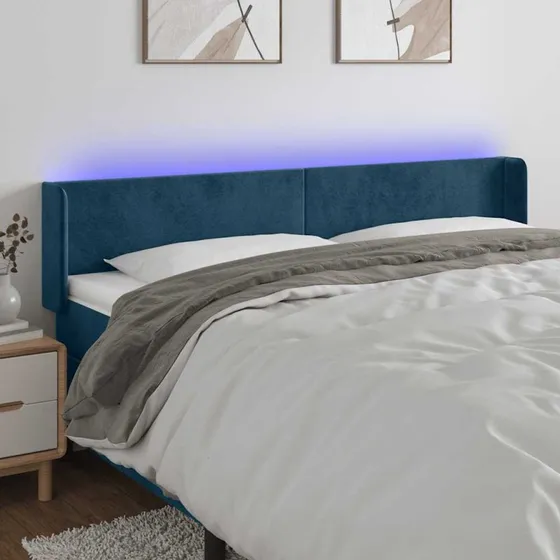 vidaXL Sengegavl med LED-lys 183x16x78/88 cm mørkeblå fløjl