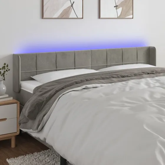vidaXL Sengegavl med LED-lys 163x16x78/88 cm fløjl lysegrå