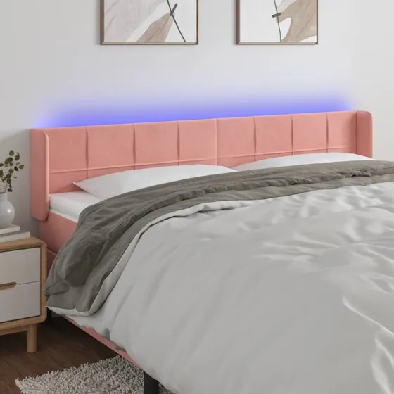 vidaXL Sengegavl med LED-lys 203x16x78/88 cm fløjl lyserød