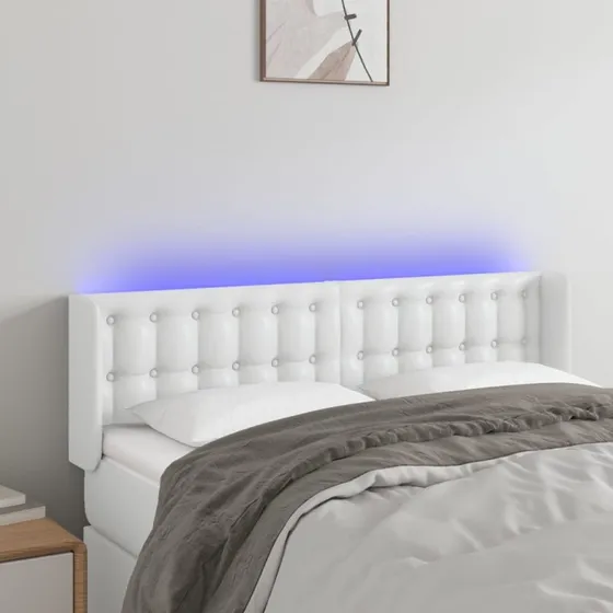 vidaXL Sengegavl med LED-lys 147x16x78/88 cm hvid kunstlæder