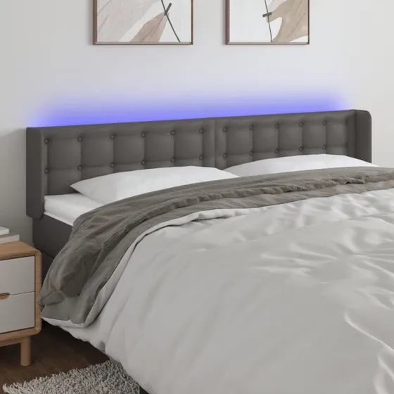 vidaXL sengegavl med LED-lys 203x16x78/88 cm grå kunstlæder