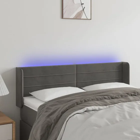 vidaXL Sengegavl med LED-lys 147x16x78/88 cm fløjl mørkegrå