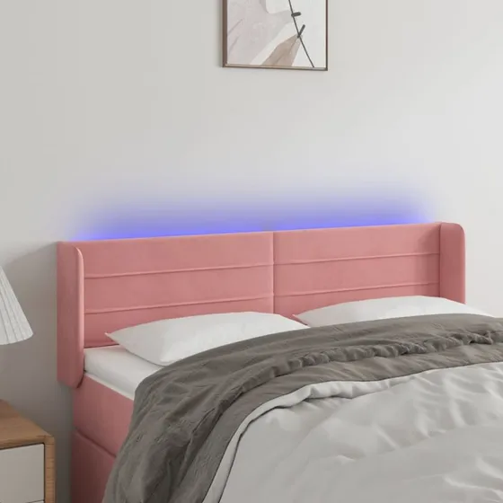 vidaXL Sengegavl med LED-lys 147x16x78/88 cm fløjl lyserød
