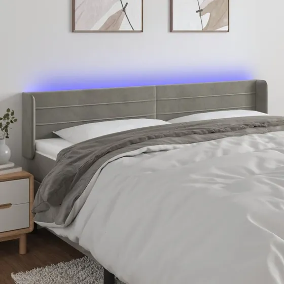 vidaXL Sengegavl med LED-lys 203x16x78/88 cm fløjl lysegrå