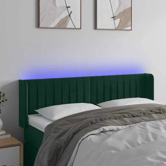 vidaXL Sengegavl med LED-lys 147x16x78/88 cm mørkegrøn fløjl
