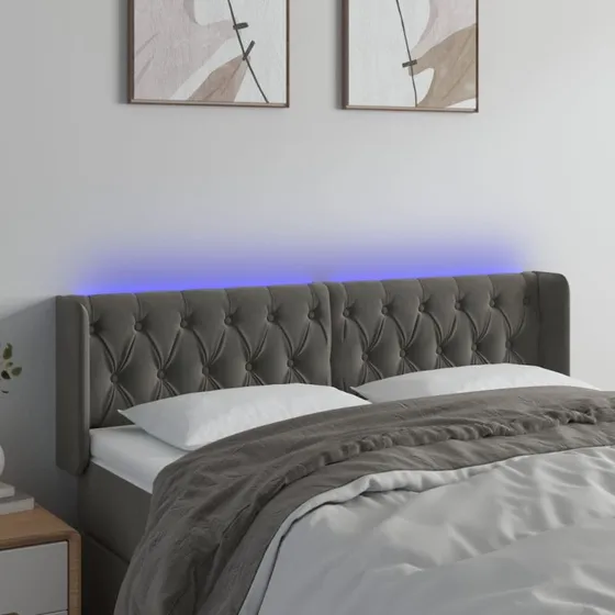 vidaXL Sengegavl med LED-lys 147x16x78/88 cm fløjl mørkegrå
