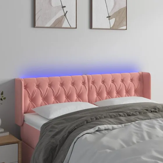 vidaXL Sengegavl med LED-lys 147x16x78/88 cm fløjl lyserød