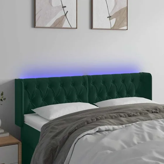 vidaXL Sengegavl med LED-lys 163x16x78/88 cm fløjl mørkegrøn