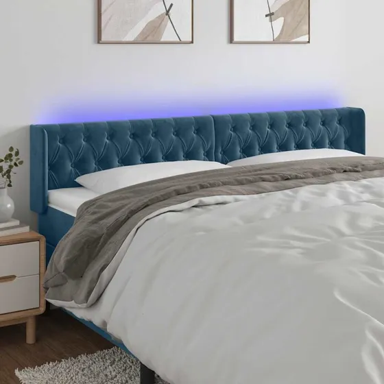 vidaXL Sengegavl med LED-lys 183x16x78/88 cm fløjl mørkeblå