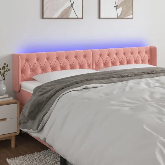 vidaXL Sengegavl med LED-lys 183x16x78/88 cm fløjl lyserød