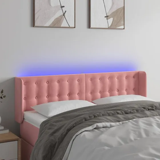 vidaXL Sengegavl med LED-lys 147x16x78/88 cm fløjl lyserød